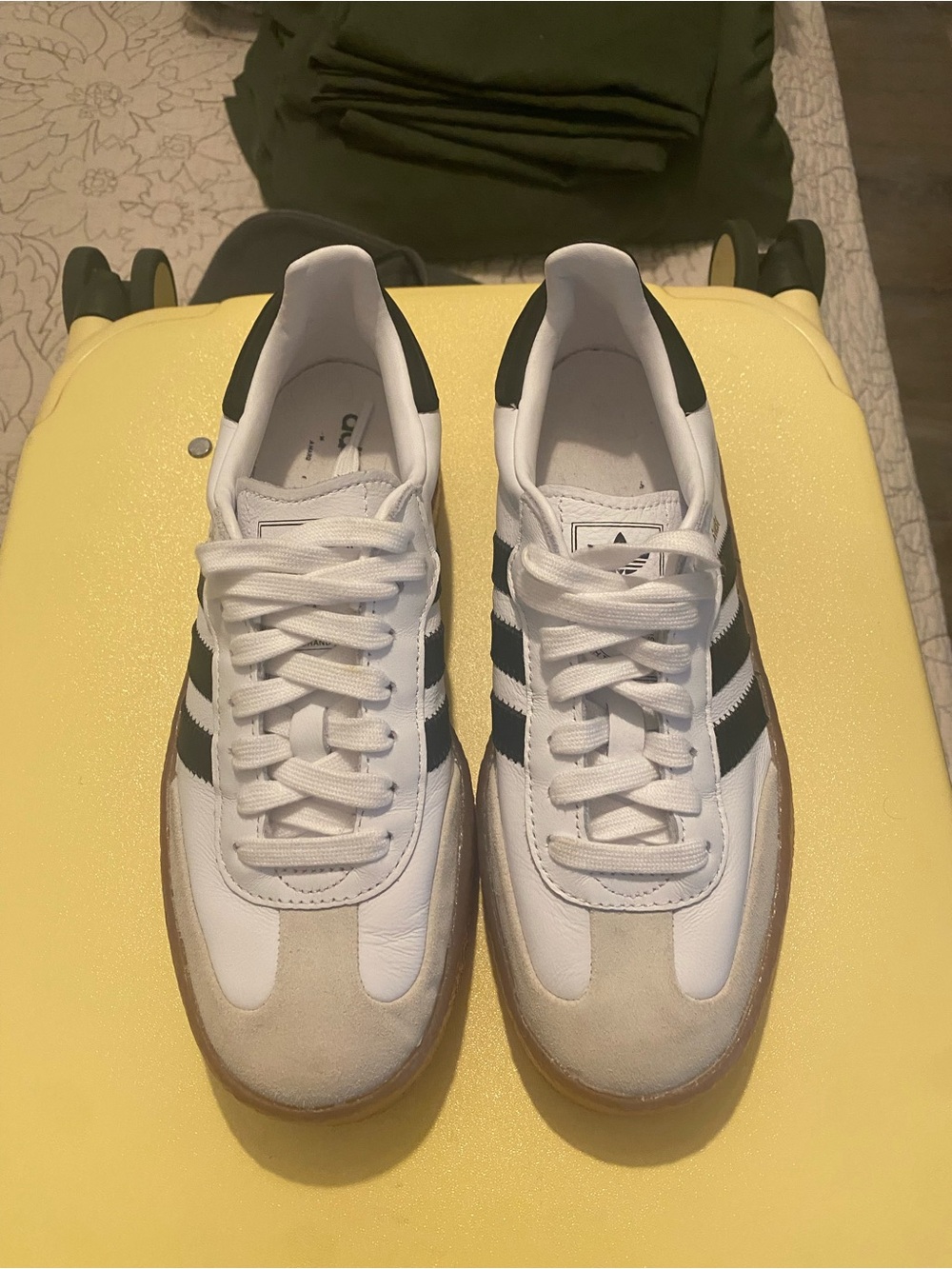 adidas White Sambas with Black Stripes and Gum Sole